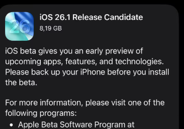Apple  iOS / iPadOS 26.1 RC Releases: Adds Liquid Glass Setting Toggle